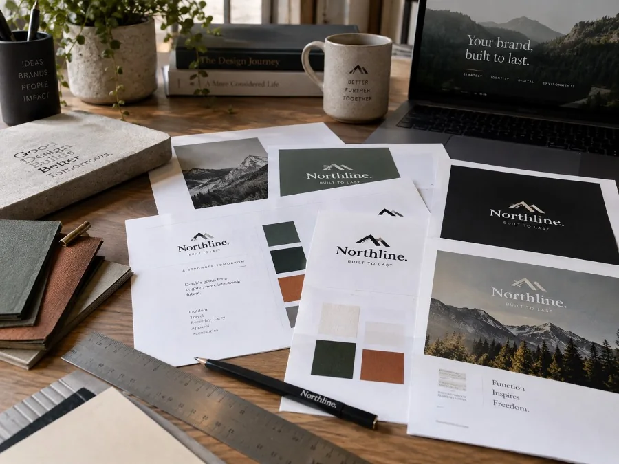 Printed brand guidelines, stationery, and color swatches laid out on a desk