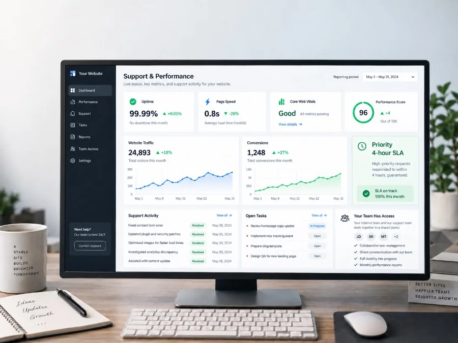 A support and performance dashboard on a monitor