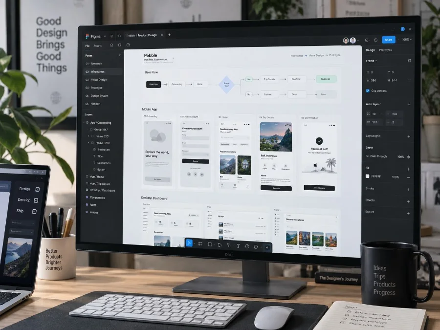 A design system open on a large monitor with a website layout in progress