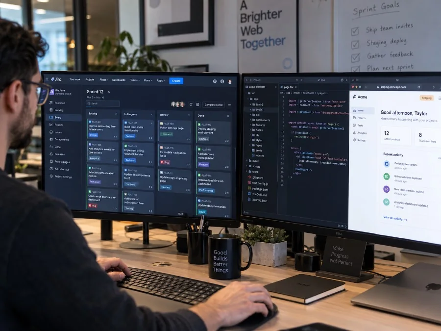 A developer working across several monitors of code and dashboards
