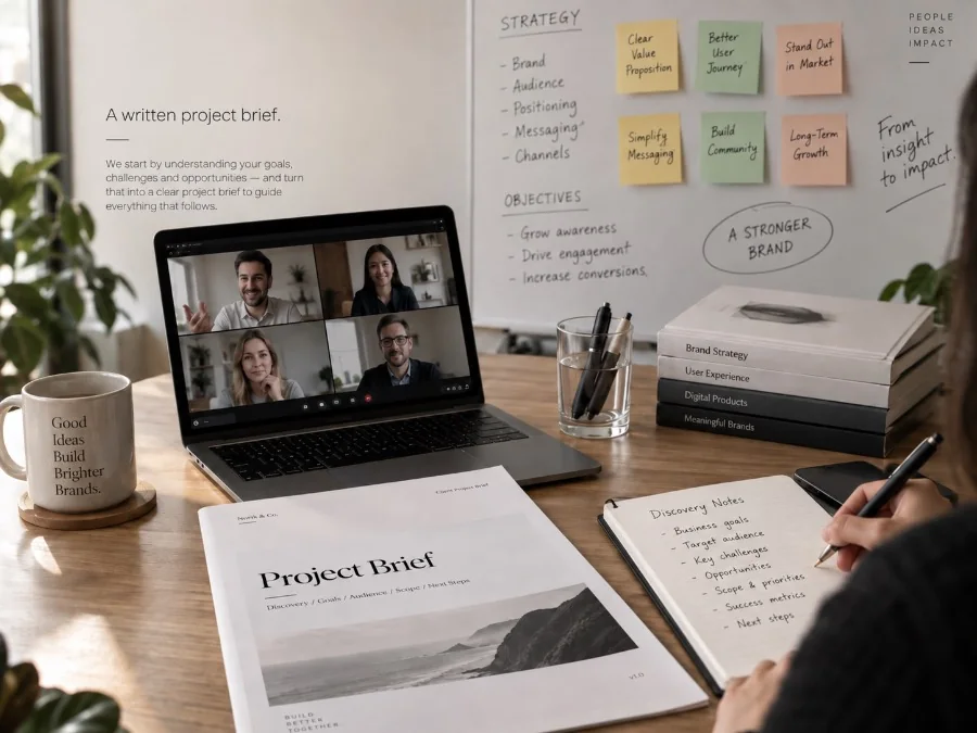 A written project brief on a desk beside a video call in progress
