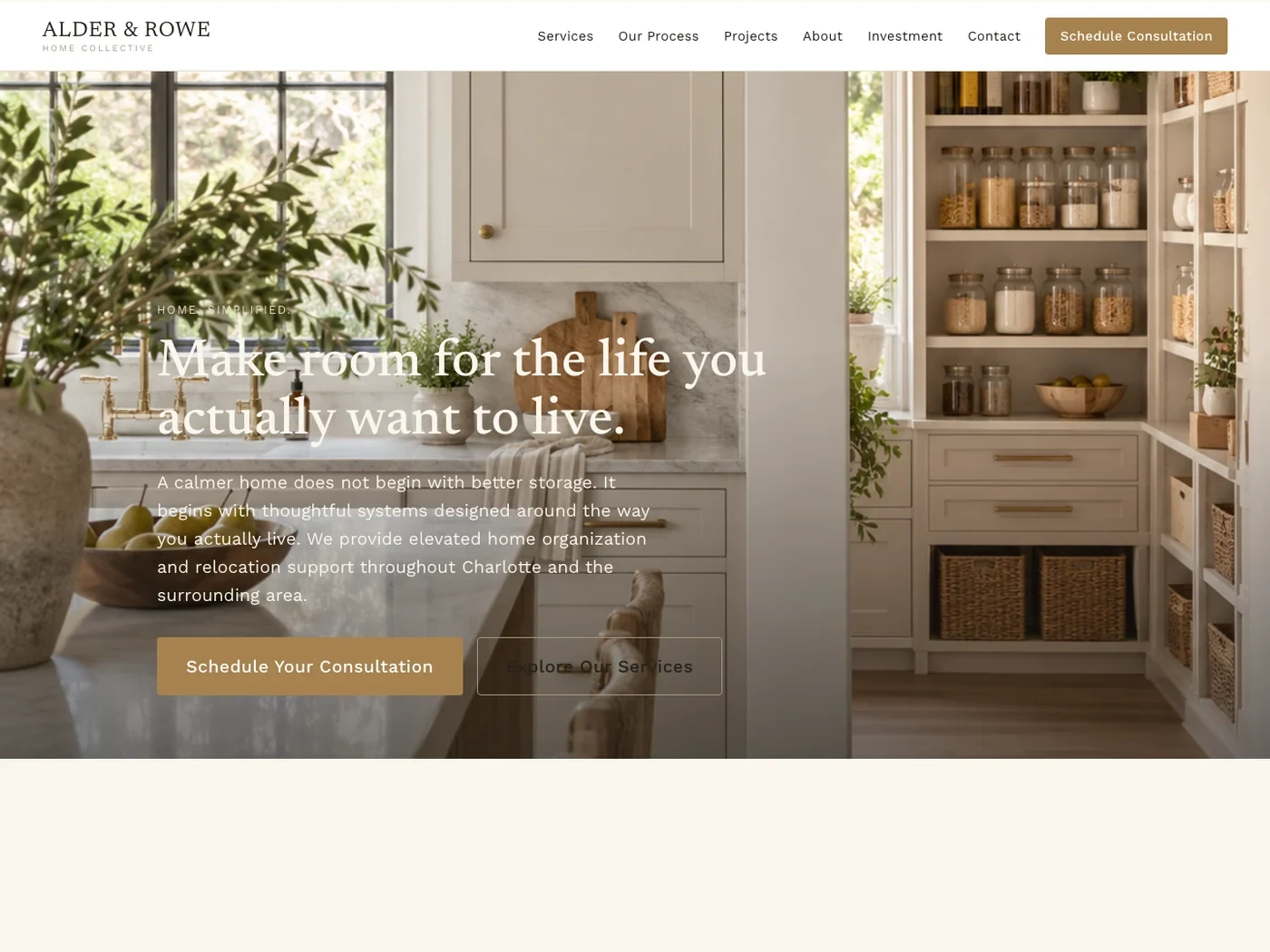 Home page of the Alder and Rowe Home Collective website with the headline Make room for the life you actually want to live