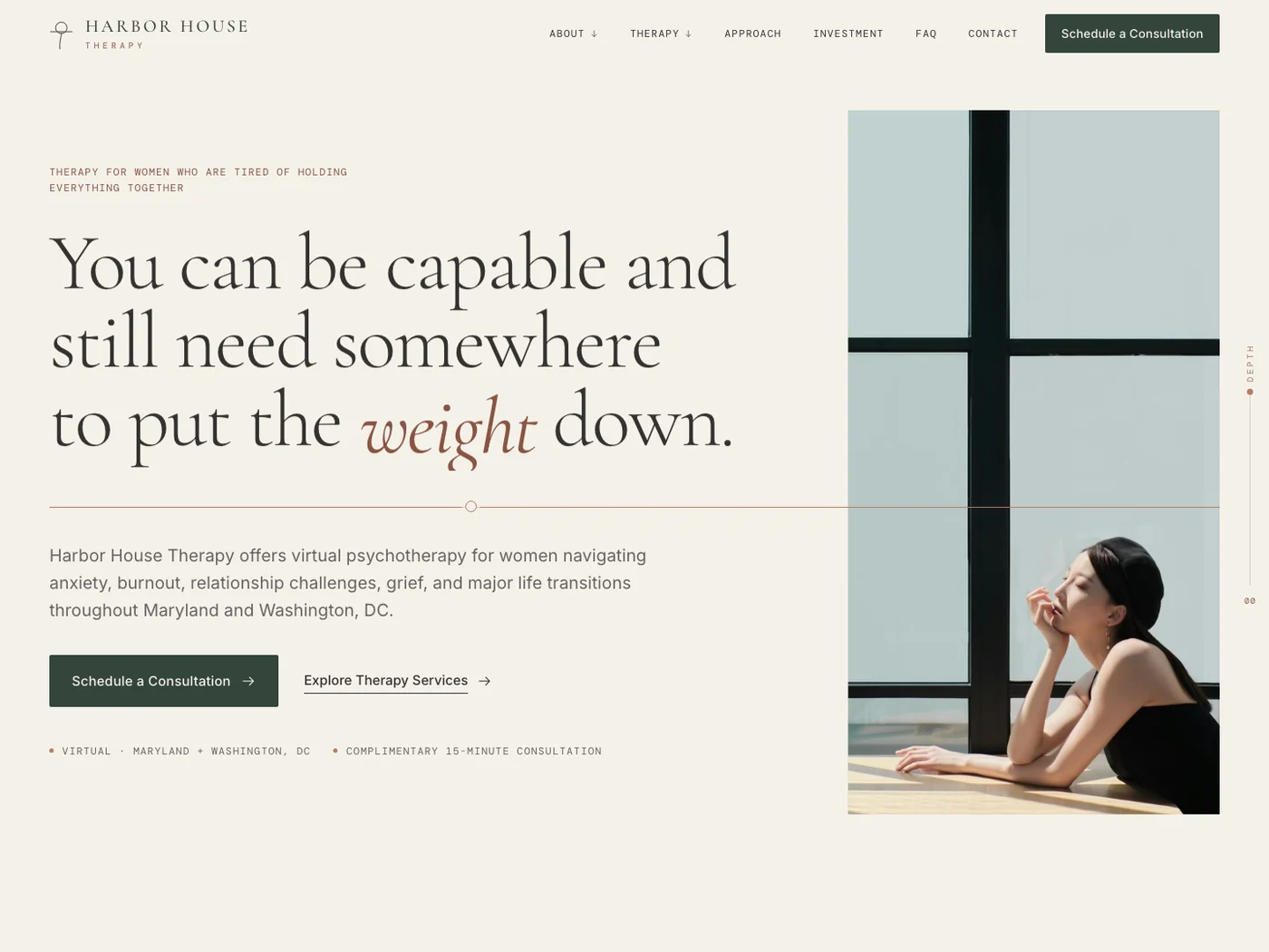Home page of the Harbor House Therapy website, showing the headline You can be capable and still need somewhere to put the weight down