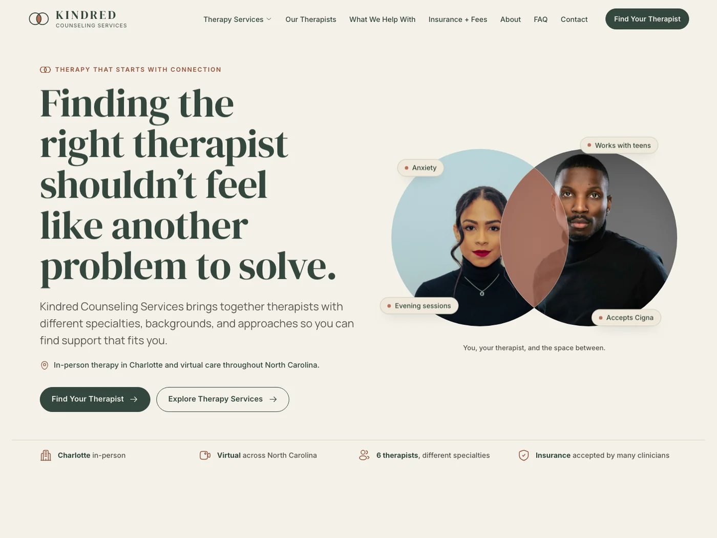 Home page of the Kindred Counseling Services website, showing the headline Finding the right therapist shouldn't feel like another problem to solve, with two therapist portraits overlapping in a shared circle