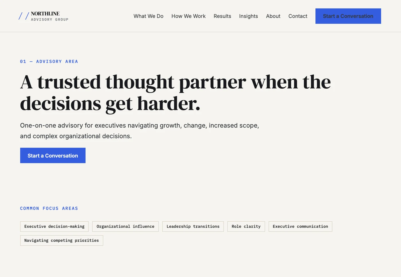 Executive Advisory page of the Northline Advisory Group website with the headline A trusted thought partner when the decisions get harder