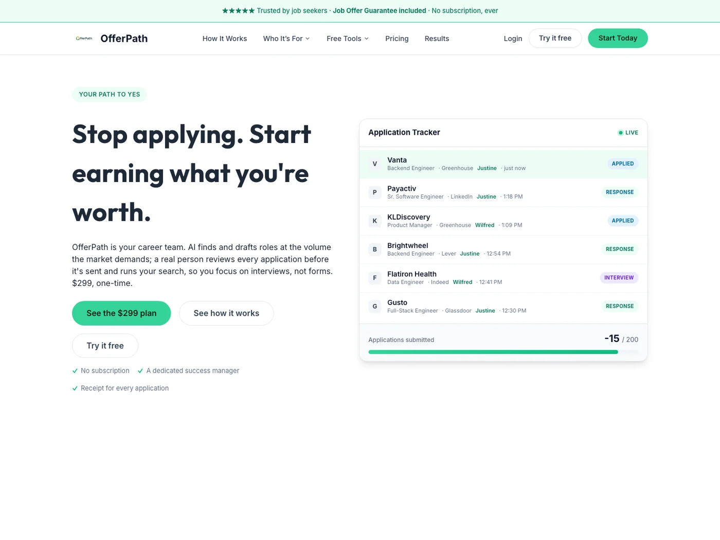 Home page of the OfferPath website, showing the headline Stop applying. Start earning what you're worth. and a live application tracker