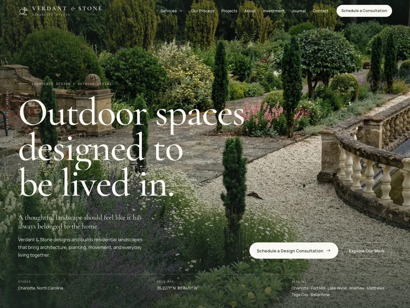 Home page of the Verdant and Stone Landscape Studio website, showing a formal garden and the headline Outdoor spaces designed to be lived in
