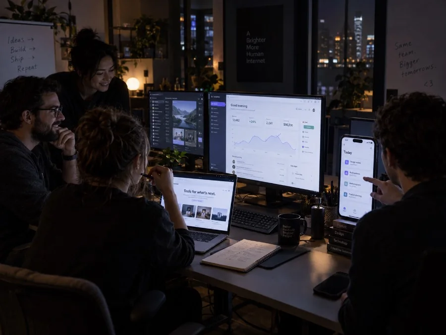 Colleagues working late together at a shared desk with several monitors