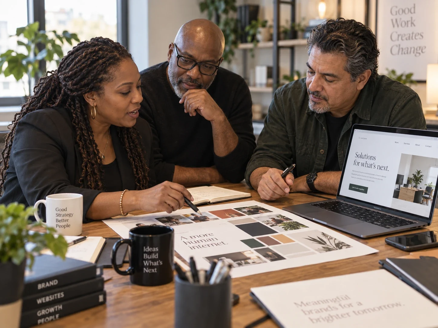 Three colleagues at a wood table reviewing a printed brand mood board beside a laptop showing a client website in progress