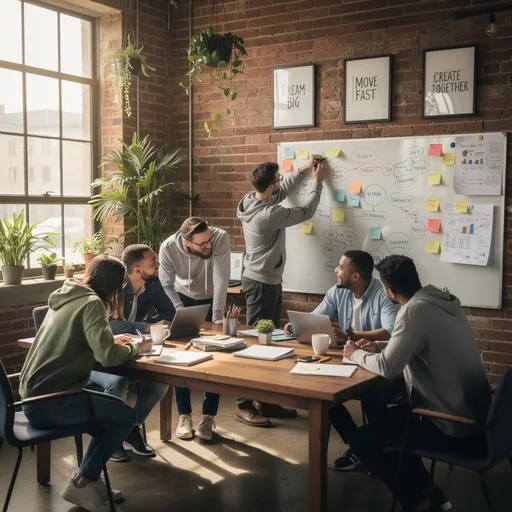 A team gathered around a table covered in sticky notes during a strategy workshop