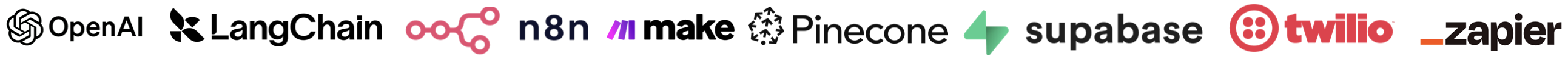 Logos of tools we build with: OpenAI, LangChain, n8n, Make, Pinecone, Supabase, Twilio, and Zapier